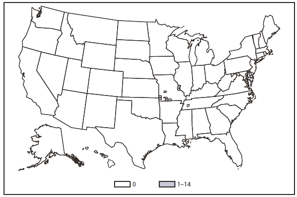 19.	EHRLICHIOSIS - This figure is a map of the United States that presents the number of Ehrlichiosis (Ehrlichia ewingii) cases in by county in 2010